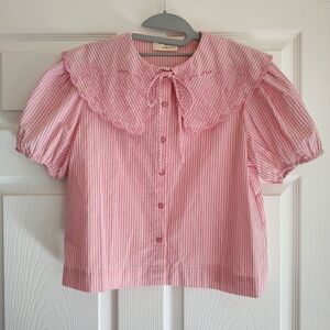 Umgee Pink Striped Blouse with Eyelet Embroidery Details On Collar